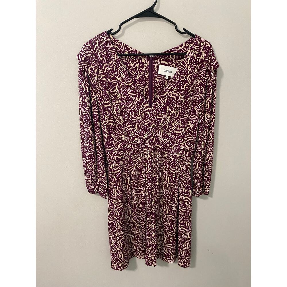 NWT ba&sh Printed Long Sleeve Mini Dress Burgundy Cream Size Medium - Picture 2 of 4